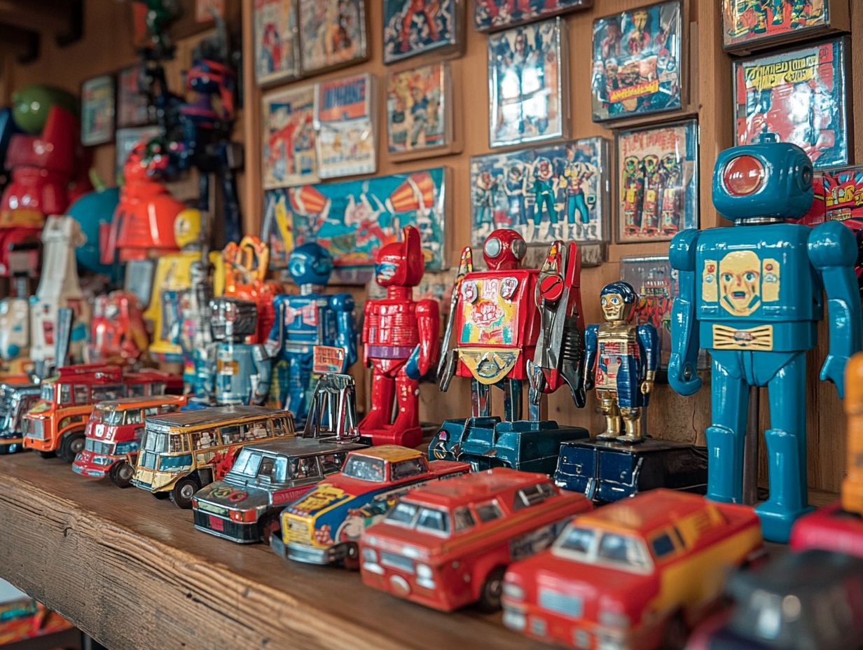 A collection of unique vintage toys showcasing creativity and artistry.