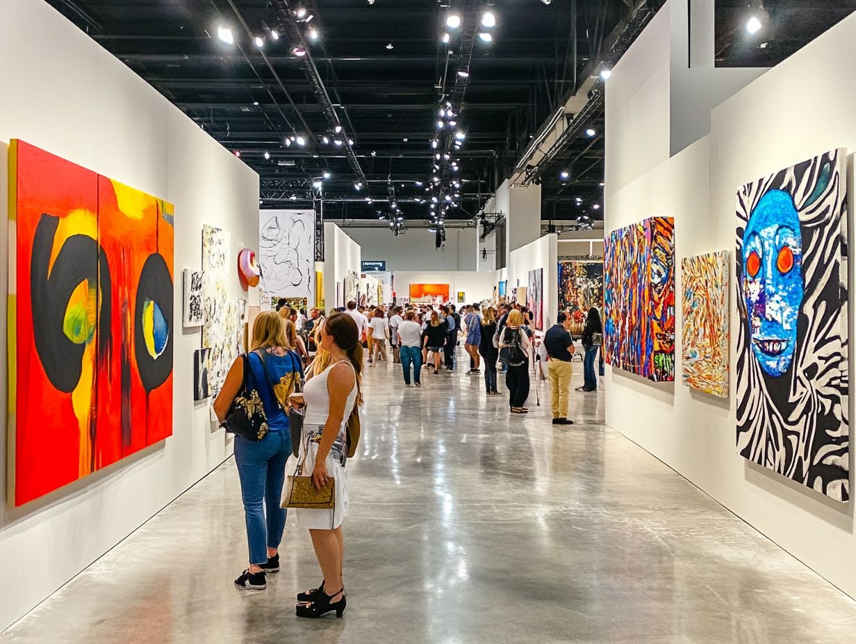 A vibrant scene from an art fair showcasing various artworks.